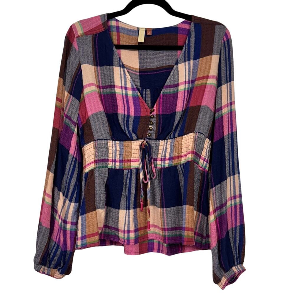 Pilcro Pink Blue Plaid Peplum Balloon Sleeve Blouse Womens S Boho Smocked Shirt